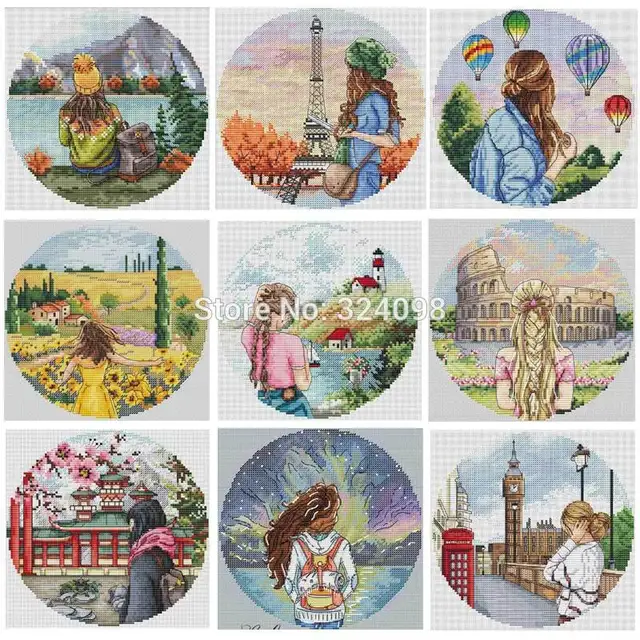 Girly travel patterns Counted Cross Stitch 11CT 14CT 18CT DIY Chinese Cross Stitch Kits Embroidery Needlework Sets 1