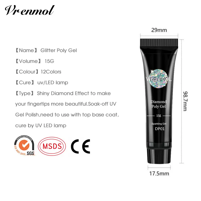 Гель для наращивания ногтей Vrenmol Glitter Ploy Алмазный долговечный УФ гель