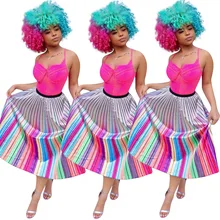 Полосатая плиссированная сексуальная модная юбка Женская Сексуальная Повседневная полосатая до середины икры натуральная