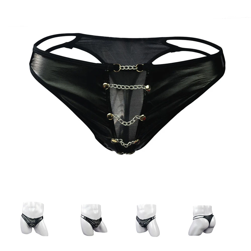 Black Men's G-string Thong Sexy Male Faux Leahter Metal Chain Underwear ...