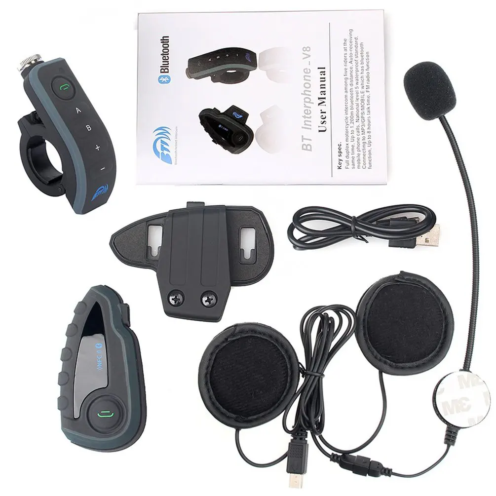 

USB Plug V8 Motorcycle Helmet Intercom Helmet Headset For Headphones 5 Pilots BT Intercoms FM Radio NFC Remote Control