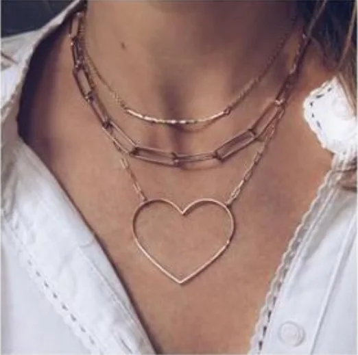 Tenande Punk Style Multi Layer Big Statement Hearts Necklaces& Pendants for Women Chunky Chain Necklaces Femme Bijoux Colliers