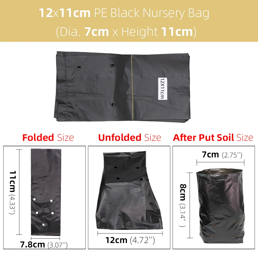 100/200PCS PE Nursery Bags Thicken Plant Grow Bags Seedling Pots Eco-Friendly Garden with Breathable Holes Black Planting Sack