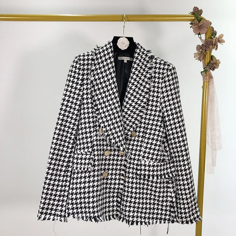

2019 autumn retro houndstooth fringed double-breasted suit female