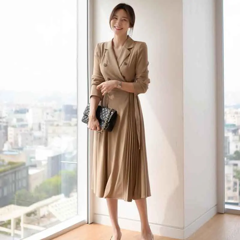 

Spring Autumn New Women Casual Sashes A-Line Dress Office Pleated Dress Fashion Elegant Temperament Slim Waist Long Sleeve Dress