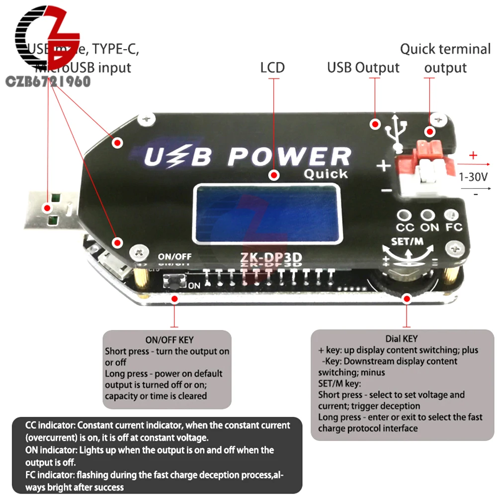 15 Вт Тип-C/Micro USB Скорость контроллер губернатор Мощность Зарядное устройство CC CV Питание быстрого запуска цифровой вольтметр Амперметр