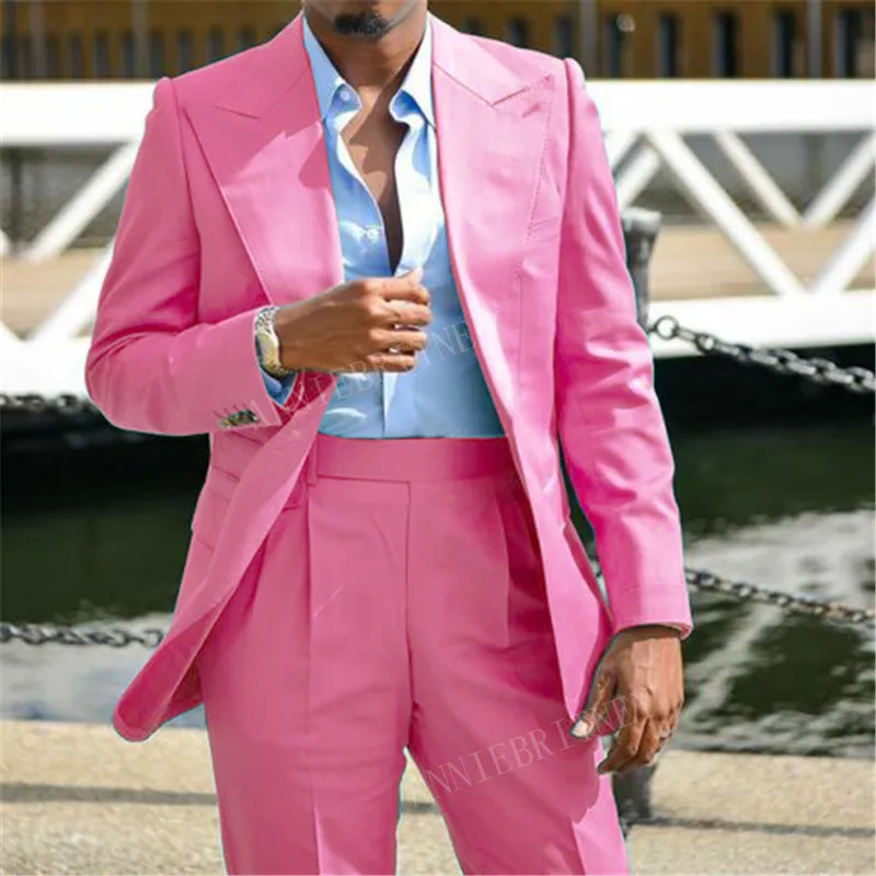

2023 Newest Pink Men Suit 2 piece Custom Slim fit Groom Wedding Suits Dress Tuxedo Casual Large Peaked Lapel Male Jacket Pants