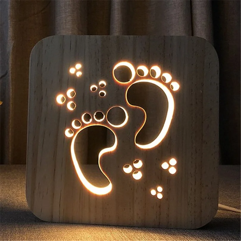 

Wooden Carved Kids Night Light Bedroom Bedside Lamps Footprint Cat Claw Shape LED Decorative Night Lamp Holiday Gifts Warm Light
