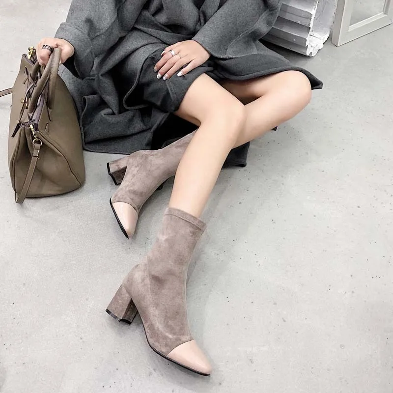 

Genuine Leather Elastic Wool heel Cowhide Short Elastic Boots Woman Boots