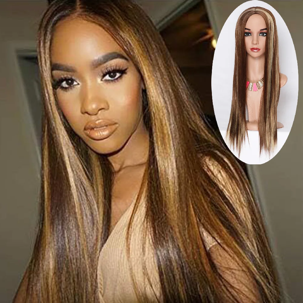 

Long Straight Brown Blonde Highlight Wig Heat Resistant Ombre Synthetic Natural Skin Middle Part Wig Cosplay WigFor Black Women