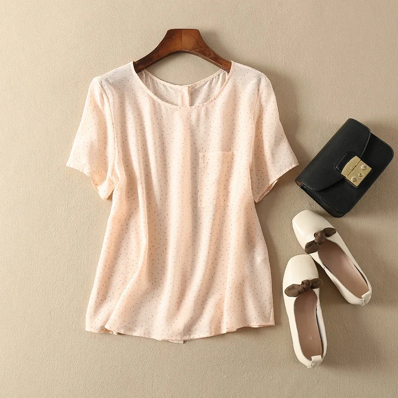 

Silk 100% Women Pink Printed Round Neck Short Sleeve Top Features Back Button Closured - Women/Ladies 2019 New Blouse Tops