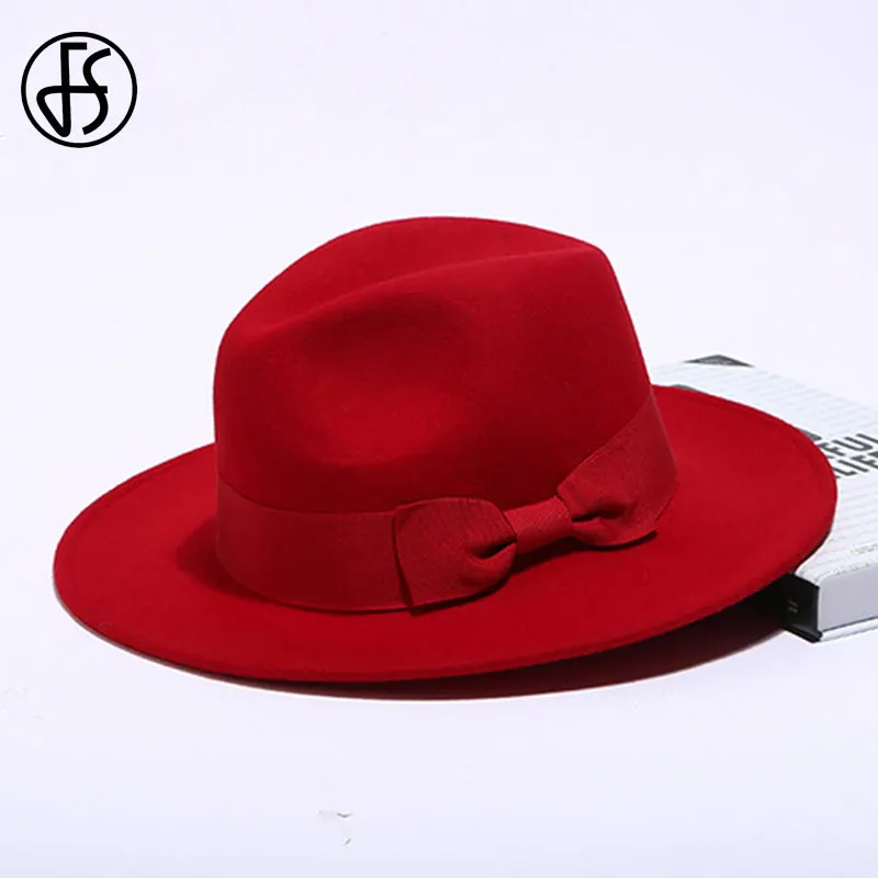 Red Wool Hat FS, женская шляпа, винтажная, черная, шляпа с широкими полями, фетровые, шерсть, фетр, зимние, элегантные, шапки для женщин, бант, Панама, кепка, женская, Трилби, шляпа, осень - Цвет: Red Wool Hat