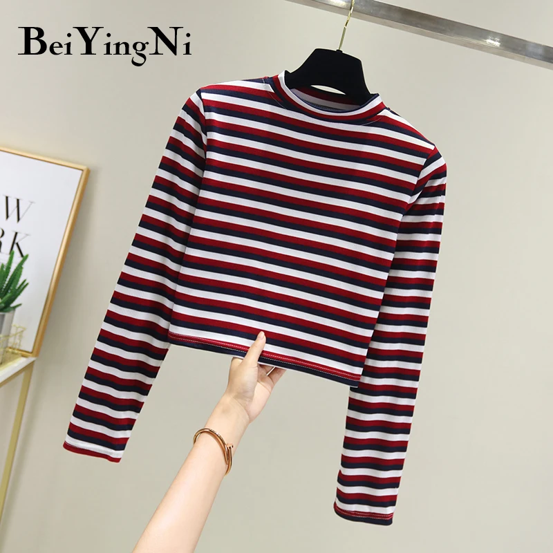 

Beiyingni Long Sleeve T Shirt Women Stripe Spring Autumn Basic Cropped T-shirt Female Chic Casual Harajuku Soft Tshirt Lady Tops