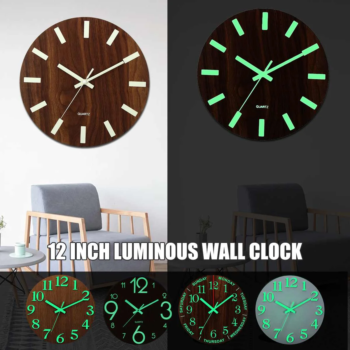 Hotluminous Wall Clock,12 Inch Wooden Silent Nonticking Kitchen Wall