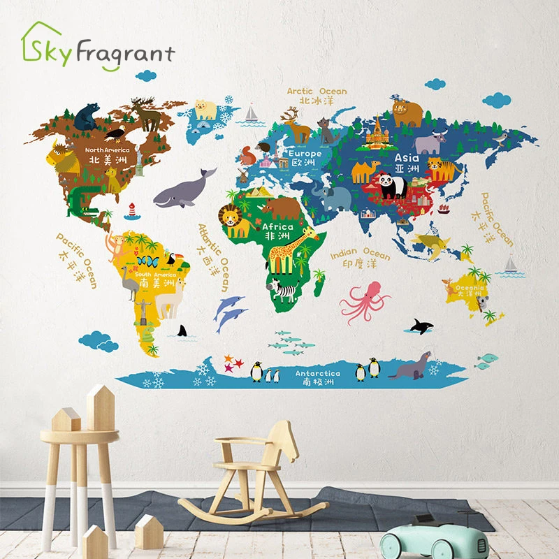 ウォールステッカー 世界地図 Map Of The World モノトーン世界地図 ワールドマップ北欧 シールきれいに剥がせる 壁紙 子供部屋 トイレ リビング 窓 冷蔵庫 ステッカー賃貸 マンション 店舗 内装 賃貸ok 送料無料 Takara Fune 漫画動物世界地図取り外し可能な