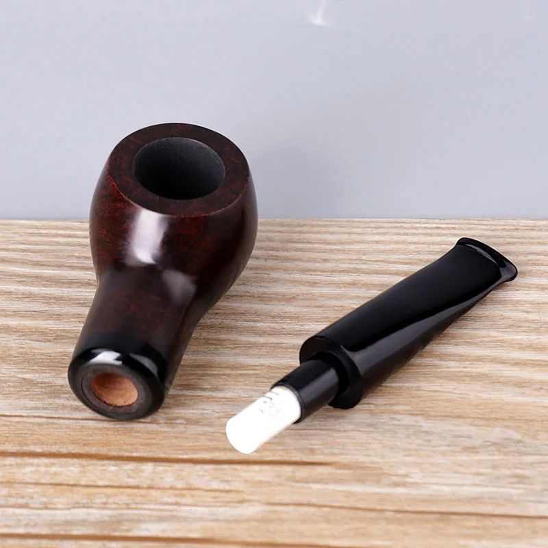 RU-Handmade Briar Wooden Tobacco Pipe, Short Straight Acrylic Mouthpiece, Smoke Fit for 9mm Filters, 10 Cleaning Tools, aa0107s