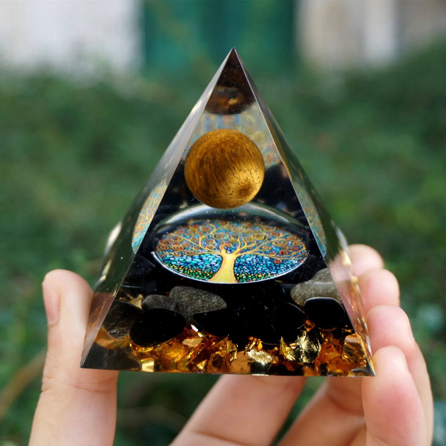 

Handmade Tiger Eye Crystal Sphere & Obsidian Quartz Orgone Pyramid 60MM Natural Stone Reiki Energy Healing Chakra Meditation 013