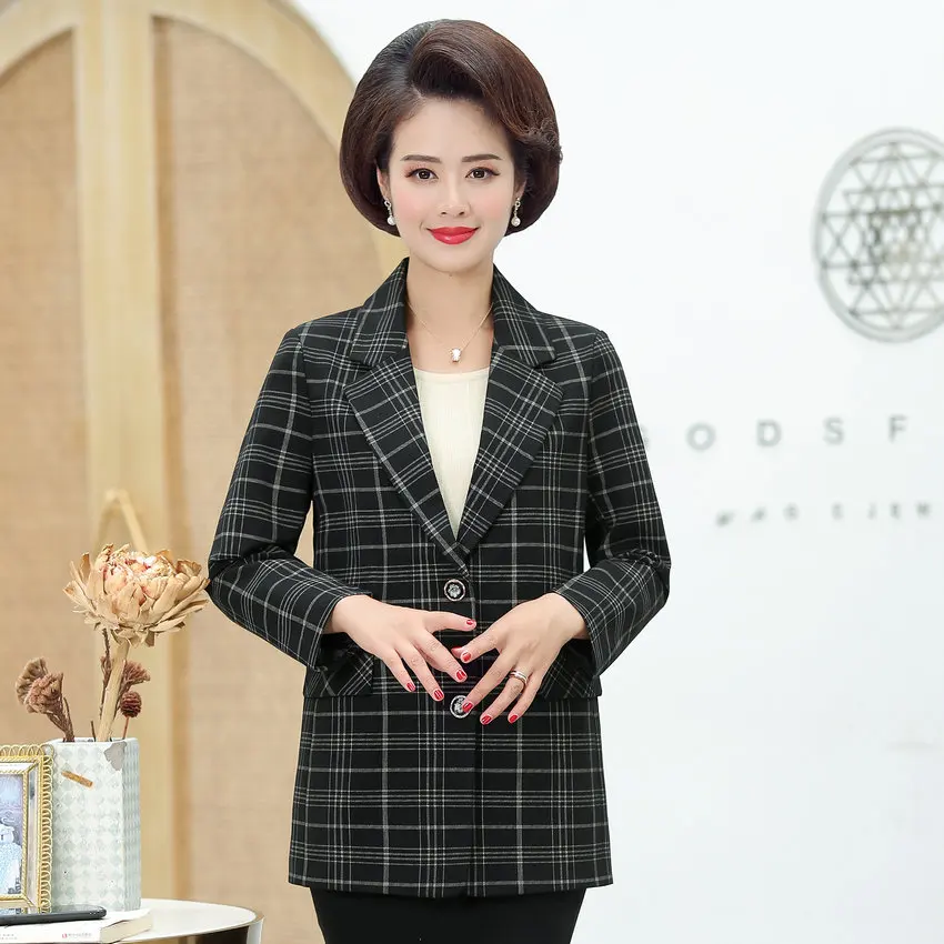 Middle Aged Women Plaid Blazer Autumn Spring Red Gray Checked Pattern Jacket Suit Mature Woman Elegant Outfits Notched Collar
