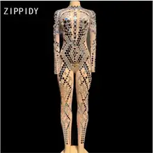 Блестящее длинное платье с серебряными блестками и кристаллами, женское Прозрачное платье для сценического танца, боди с зеркалами, прозрачная одежда YOUDU