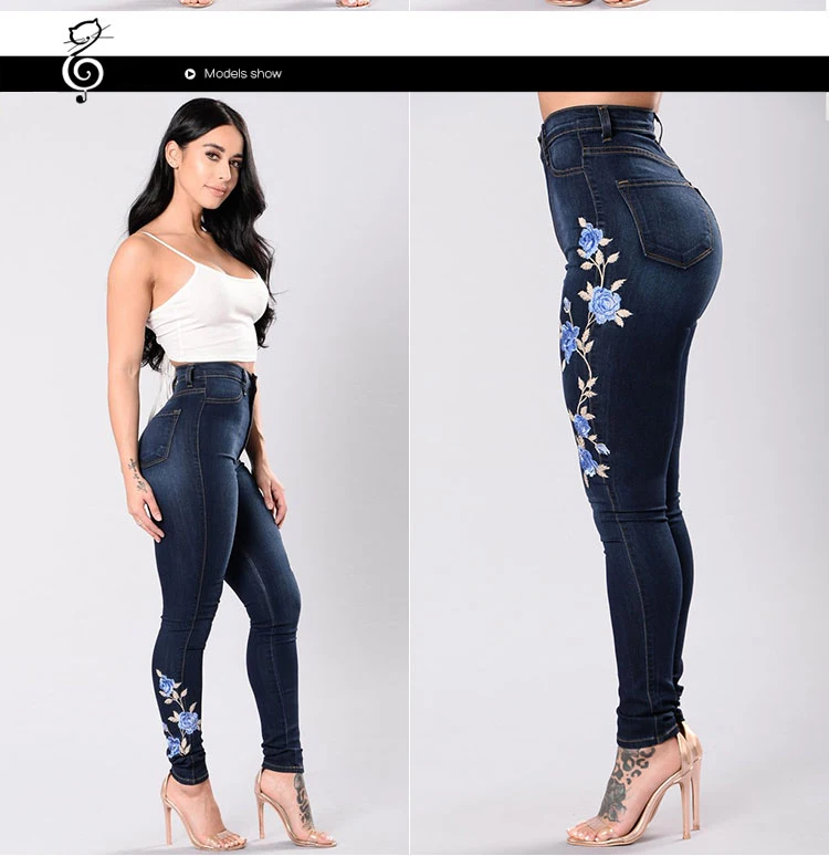 Imitation Denim Jeans High Waist Flower print Jeans Plus Size Street Style Sexy Pencil Pants femme Women Clothes