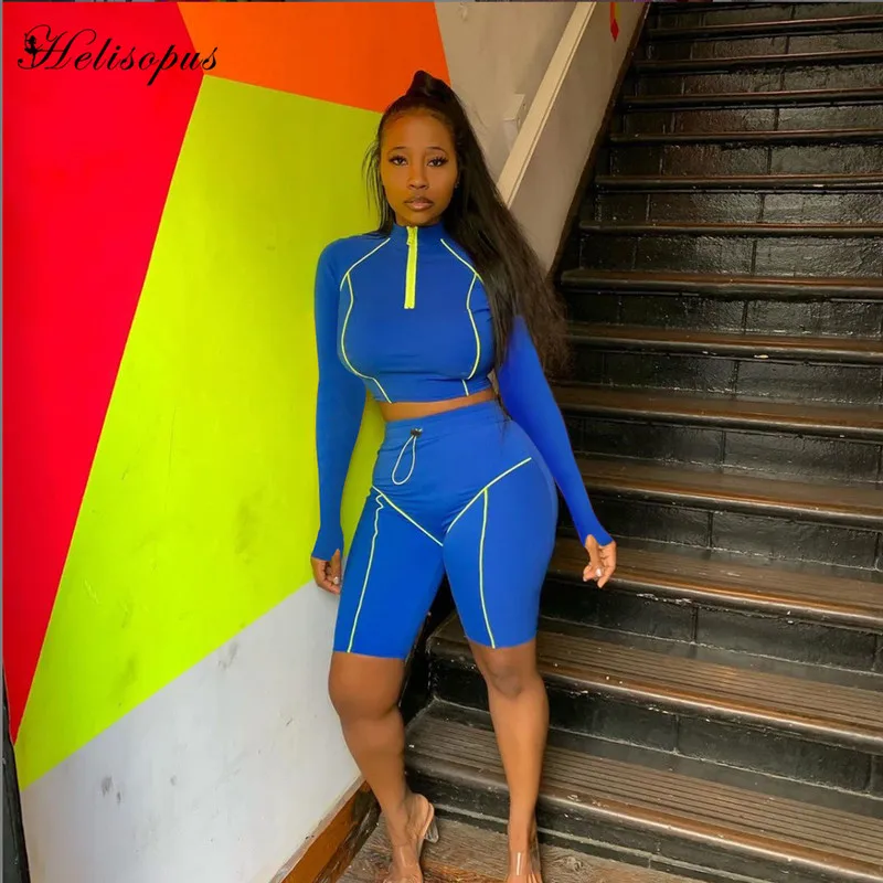 

Helisopus Autumn New Sporty Casual 2 Piece Set Long Sleeve Crop Top and Biker Shorts Slim Fitness Women Tracksuits