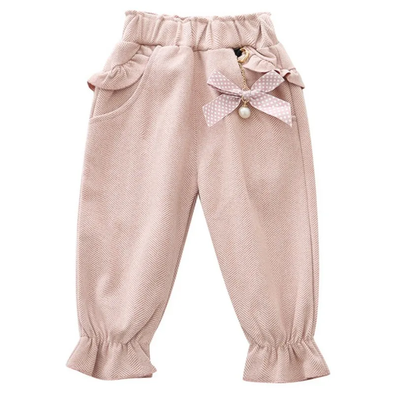 Осенние хлопковые однотонные штаны с принтом для маленьких девочек повседневные брюки с бантом одежда для малышей - Цвет: A