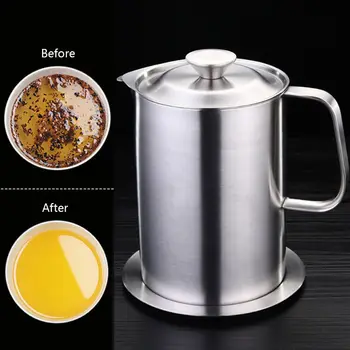 

1/1.5L Stainless Steel Oil Strainer Pot Kettle Container with Filter Kitchen Grease Separator Storage Can