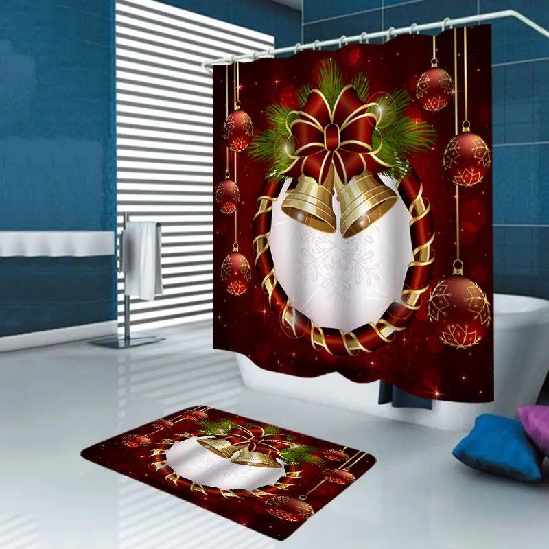 Christmas Printed Bath Screen Shower Curtain Waterproof Anti Slip Bath Curtain Four-piece Toilet Cushion Set Bath Floor Cushion