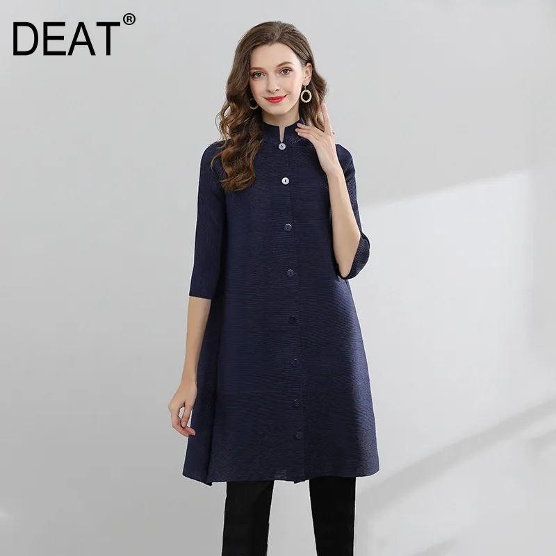 

[DEAT] 2019 Women's Fashion Trend New Pattern Cropped Sleeve Pleated Solid Color Stand Collar Single-breasted Vintage Coat AI555