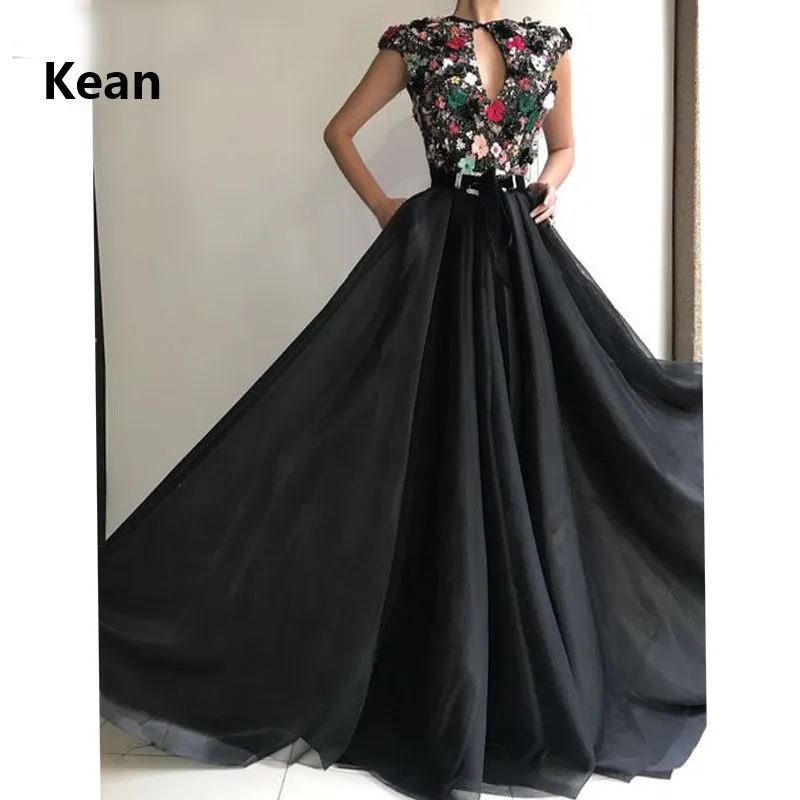 

Black Muslim Evening Dress V-Neck Tank 3D Flower Crystal Formal Dress Islamic Dubai Kaftan Saudi Arabic Evening Gown Prom Dress