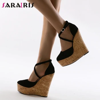 

SaraIris Platform Buckle Cover Heel Wedges Sandals Women 2020 Flock Party Sandals Ladies Summer Round Toe Shoes