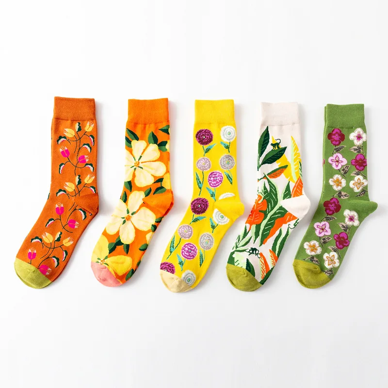 Забавные носки для мужчин носки с рисунками животных из мультфильмов серия трендовых носков с цветочным рисунком хлопковые носки для пар женские осенне-зимние носки - Цвет: 5 Pairs of socks