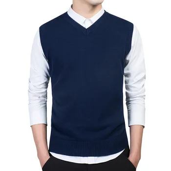 

Men Solid Pullover Vests Autumn Warm V Neck Sweater Fashion Winter Sweater Vest For Men Knitted Sleeveless Business Top