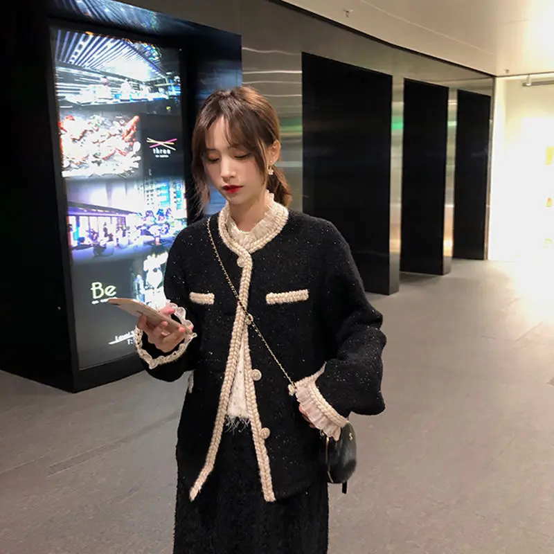 

2020 New Lace Stitching Fake Two-Piece Bright Silk Tweed Graceful Coat Women's Short Style Autumn and Winter Woolen Coat