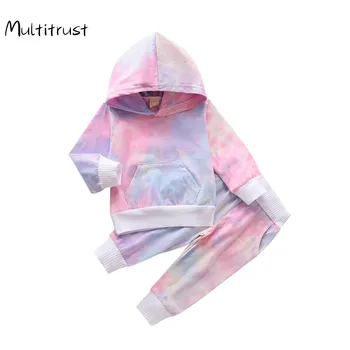 

2020 Baby Girl Hoodie Set Tie Dye Printed Long Sleeve Casual Kangaroo Pocket+Pants Outfits Fall Clothes Set
