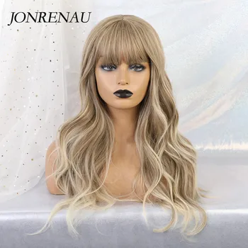 

JONRENAU Synthetic Ombre Brown Mixed Blonde Wigs with Bangs Long Natural Wave Hair Party Wigs for White/Black Women