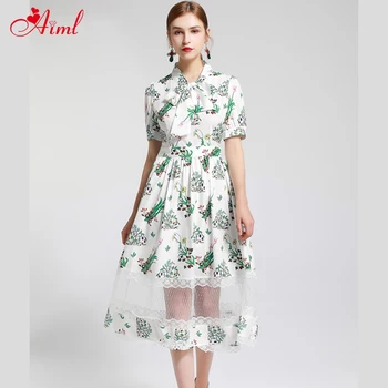 

Designer 2020 Fashion Runway Dress Summer Female Bow Short sleeve Floral-Print Patchwork Lace Slim Elegant Festival Dresses New