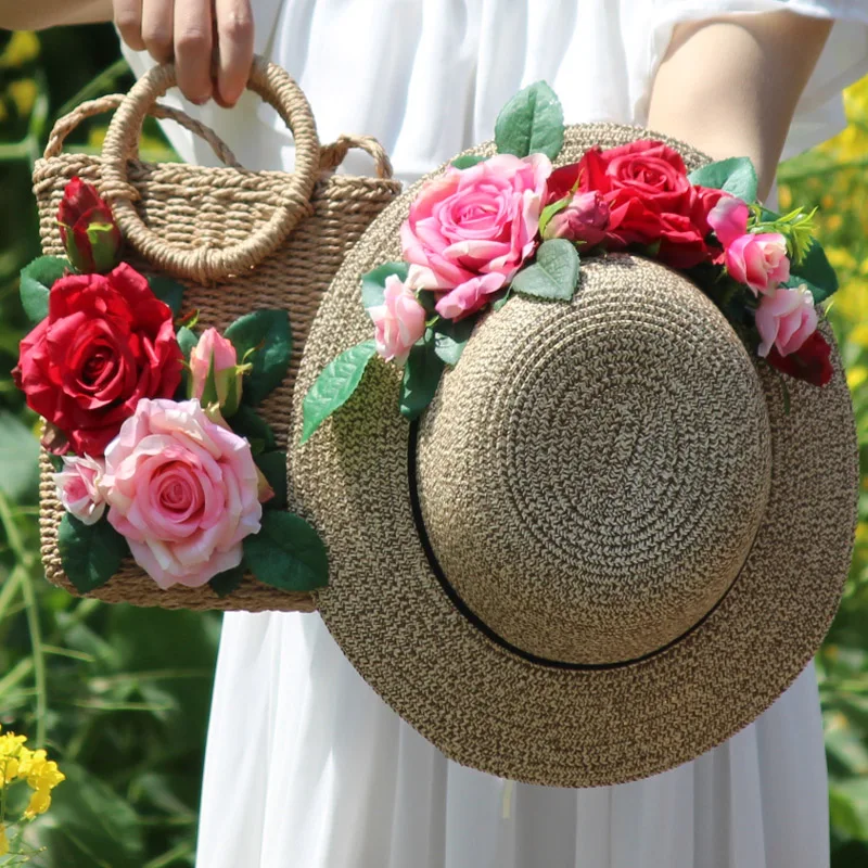 

Women Fashion Bohemia Style Beach Bag Raffia Rattan Holiday Handbag and Vacation Hat Suit Weave Straw Summer Flower Casual Tote