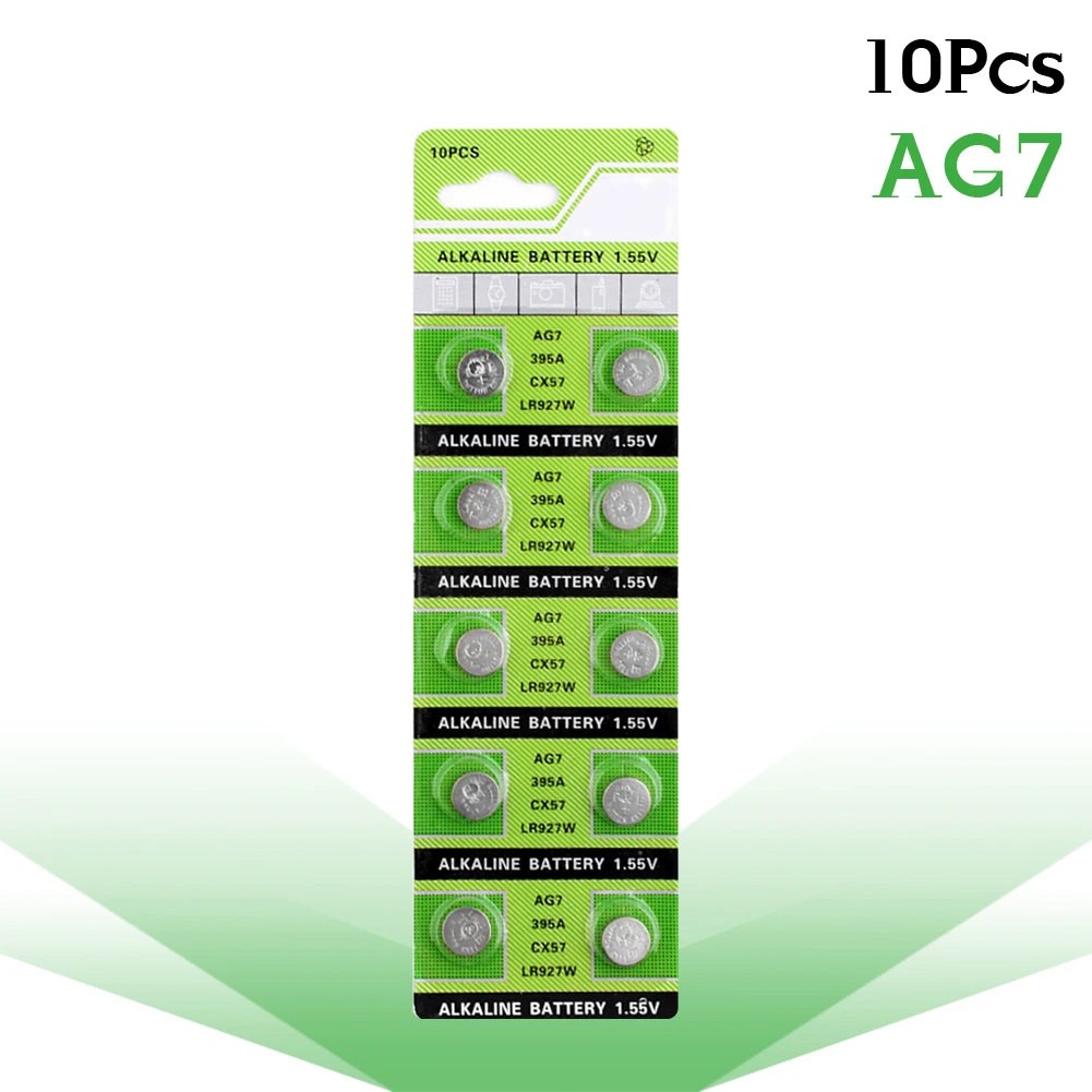 10 unids/lote 1,55 V AG7 LR927 LR57 395A celular moneda Batería alcalina SR927W 399 GR927 para el colesterol pruebas metros pilas de botón