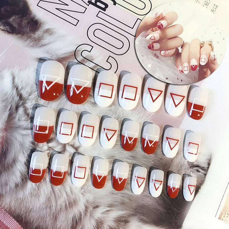 Струйное модное изделие 24 шт./компл. Ложные Полный Накладные ногти DIY Инструменты для ногтей твердые акриловые шарики в белую и красную полоску Маникюр вечерние подарок Красота