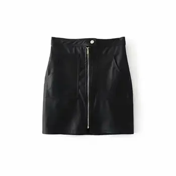 

Strad Women's 2019 autumn new note black short skirt PU faux leather skirt autumn and winter girl solid color A-word skirt