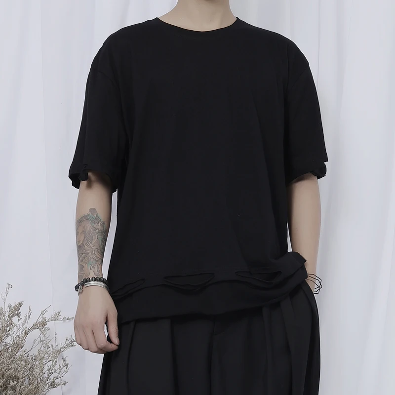 

New men's short sleeve T-shirt black gray hole splicing hollow design loose leisure large summer short sleeve