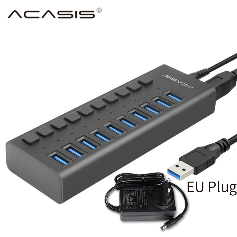 Acasis USB 3,0 концентратор с адаптером питания EU/US/UK 10 портов высокоскоростной USB3.0 концентратор расширитель с переключателем для ПК