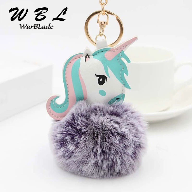 

Hot Sale Unicorn Keychain Pom Fur Ball Horse Key chain porte clef holder fluffy pompon Bag Car Key Ring For Women Accessories