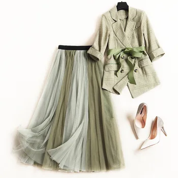 

European style] fashionable small suit suit set women's spring double breasted coat pleated skirt two piece set c10743
