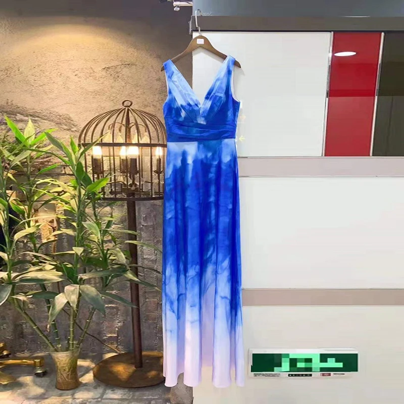Elegant Blue Sexy Deep V Neck Dress High Quality Party Dress Women Celebrity Sleeveless Maxi Dress Vestidos Wholesale