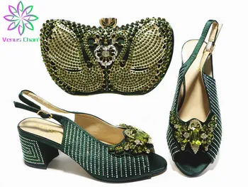 

2020 Special Green Latest Fashion African Women Matching Italian Sandals and Bag Set Comfortable Heels with Crystal