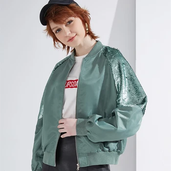

Loose Sequins Baseball Coat Women Fall 2019 New Trench Quality Long-sleeved Solid Dark Green Black White Tricolor Optional