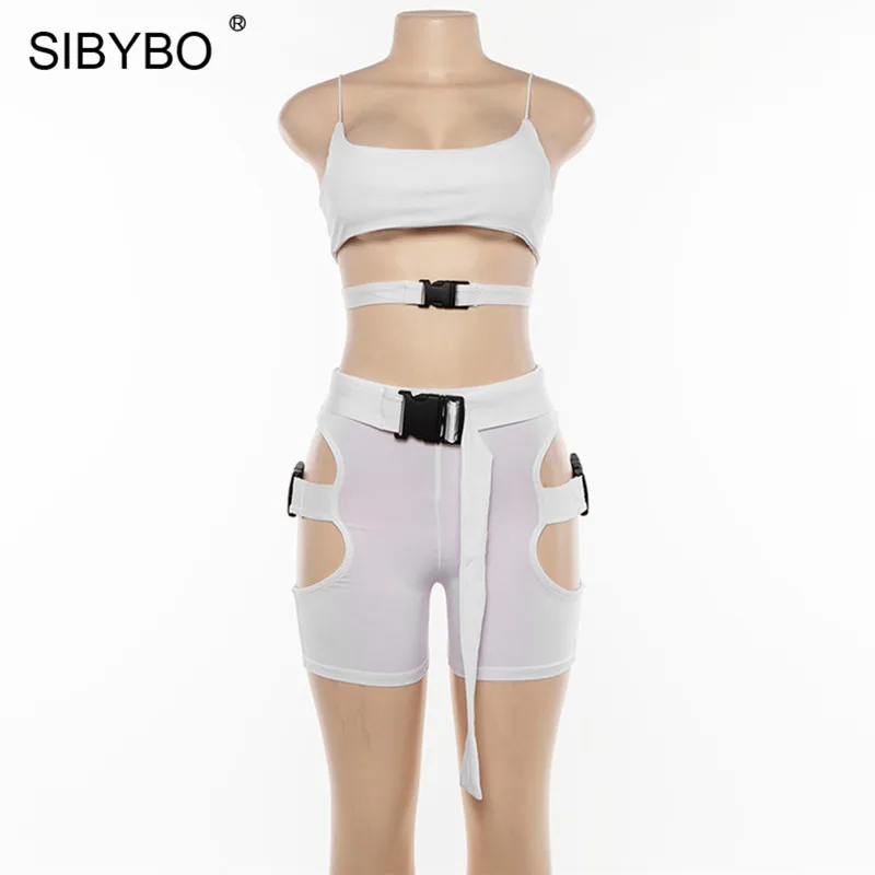 Sibybo выдалбливают Пряжки Тощий сексуальный комбинезон для женщин ремень без рукавов летний комплект из двух частей женский пляжный Повседневный короткий комбинезон - Цвет: Белый