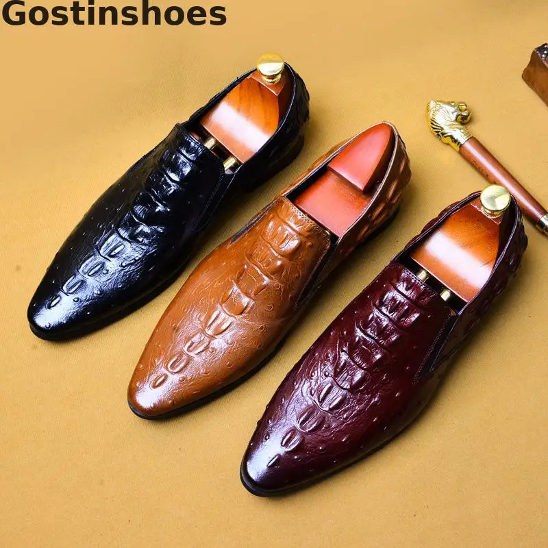 Men Shoes Oxfords Black Brown Genuine Leather Crocodile Printed Slip-on Dress Leather Shoes Formal Business Office Wedding Shoes